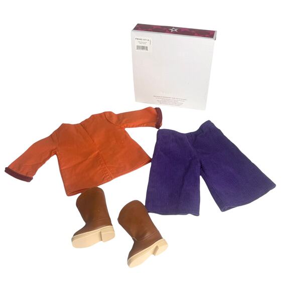 American Girl Doll Julie Casual Outfit Tunic Top Purple Gauchos Pant Boots Box - Picture 3 of 10